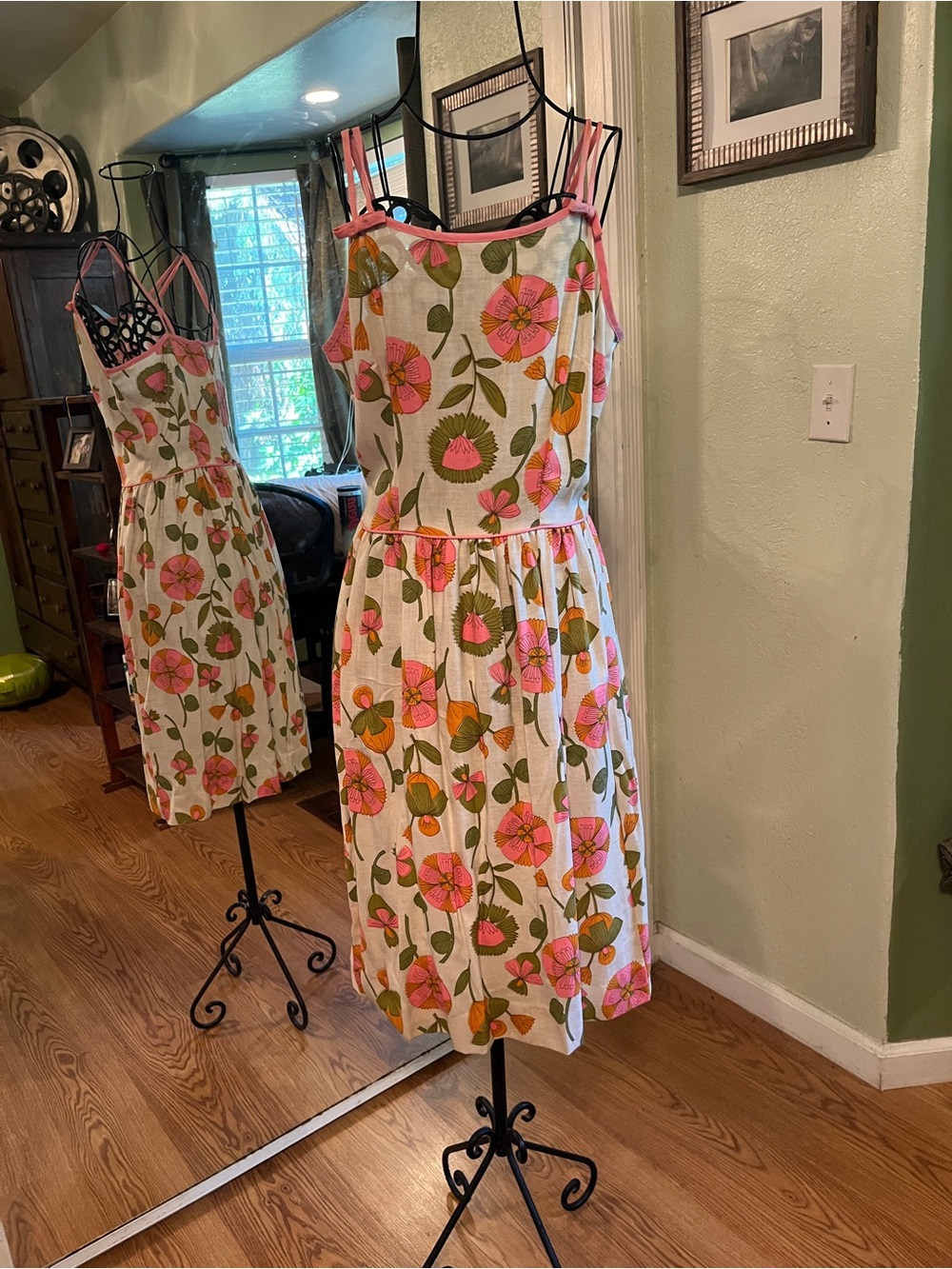 Floral Print Midi Dress with Pink & Green Blooms